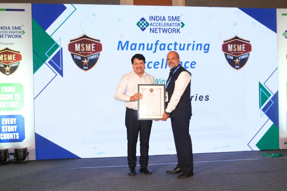 Prakash Rijal receiving the MSME Star Stories 2024 Manufacturing Excellence Award from Dr. S. S. Acharya, Chairman and MD of NSIC.