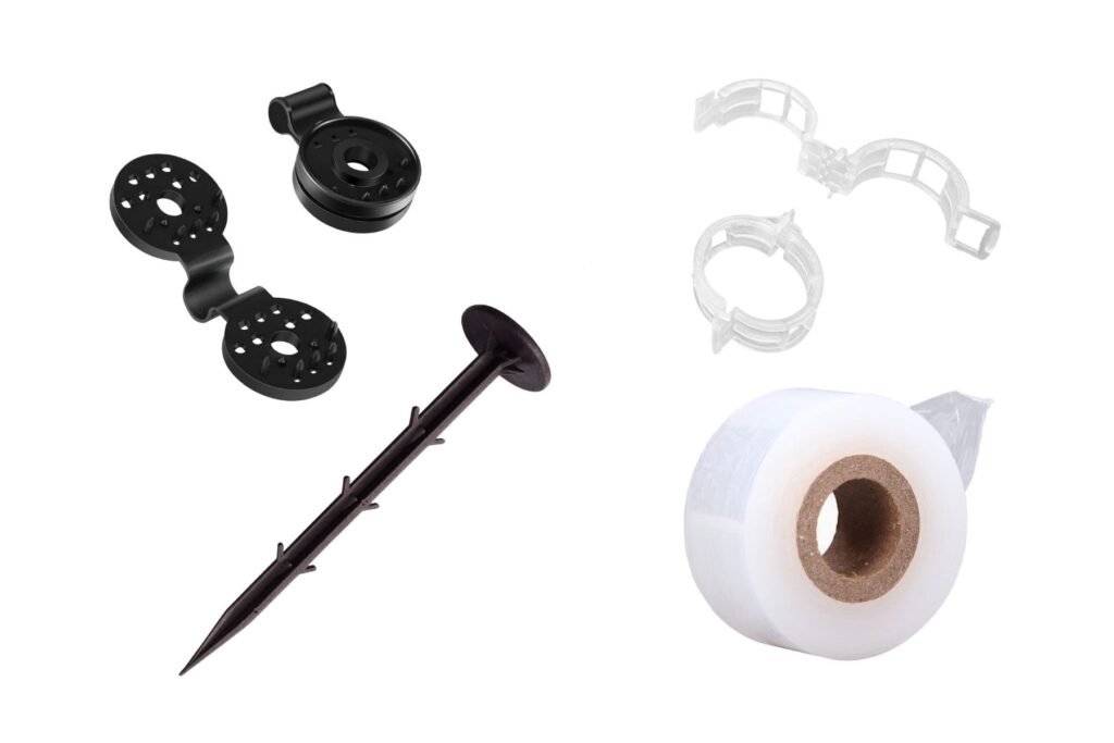 Shade net fixing clip, ground cover peg, tomato vine clip, and grafting tape set.