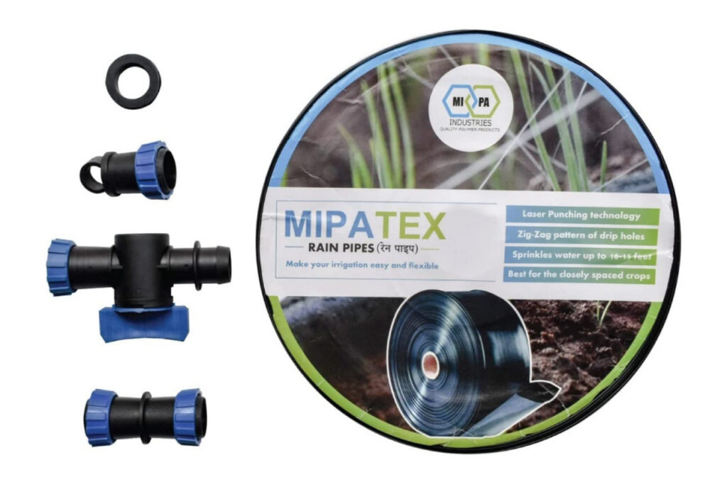 Rain Spray Hose with standard fittings including grommet, end cap, connector valve, take-off connector, and joiner.