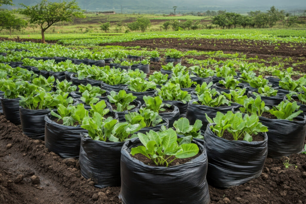 Compostable plant nursery bags used for growing vegetable seedlings in an open farm.