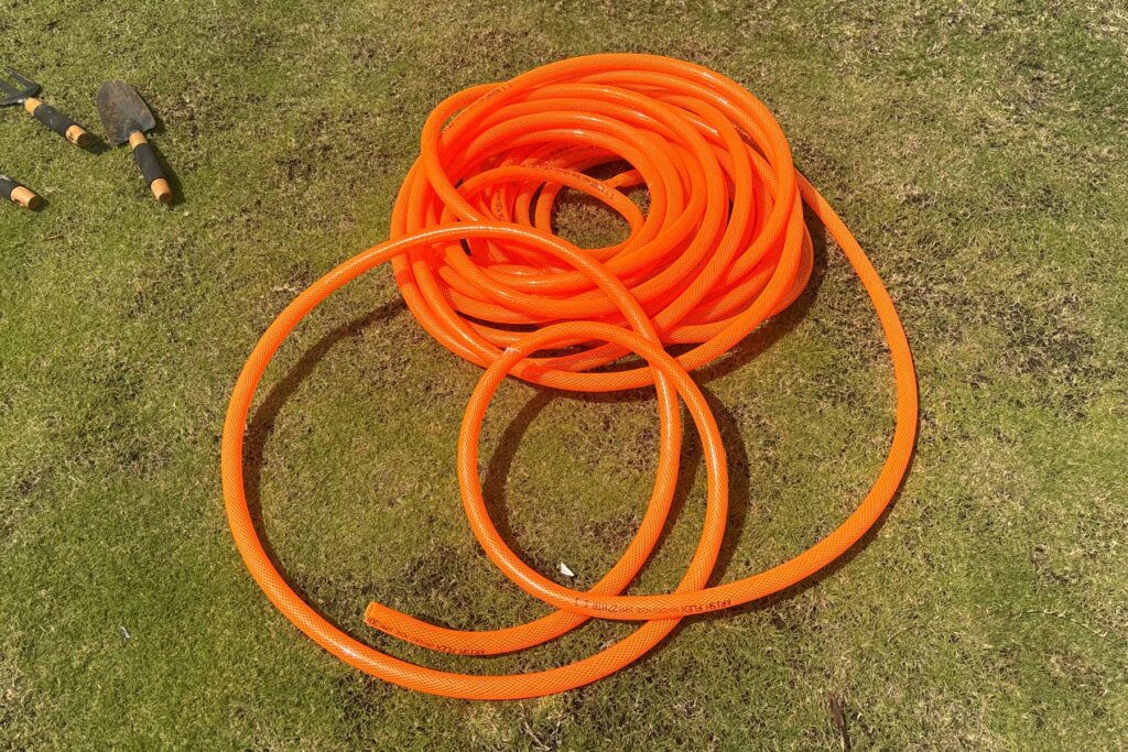 MIPATEX braided PVC garden hose for irrigation and watering applications.