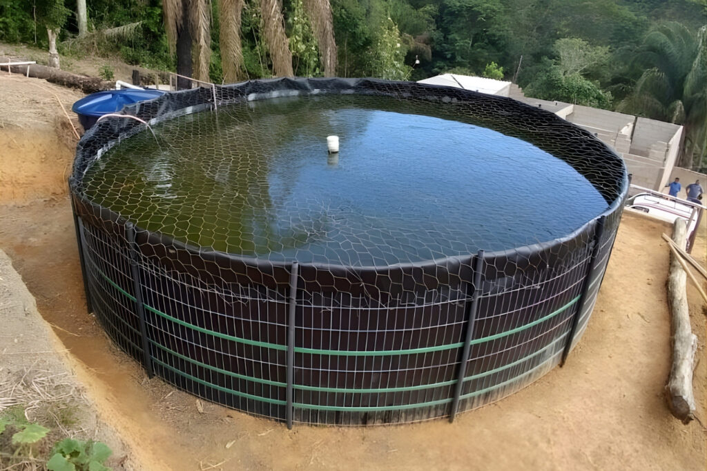 MIPATEX Geo Line Tank installed on hilly terrain for aquaculture and water storage