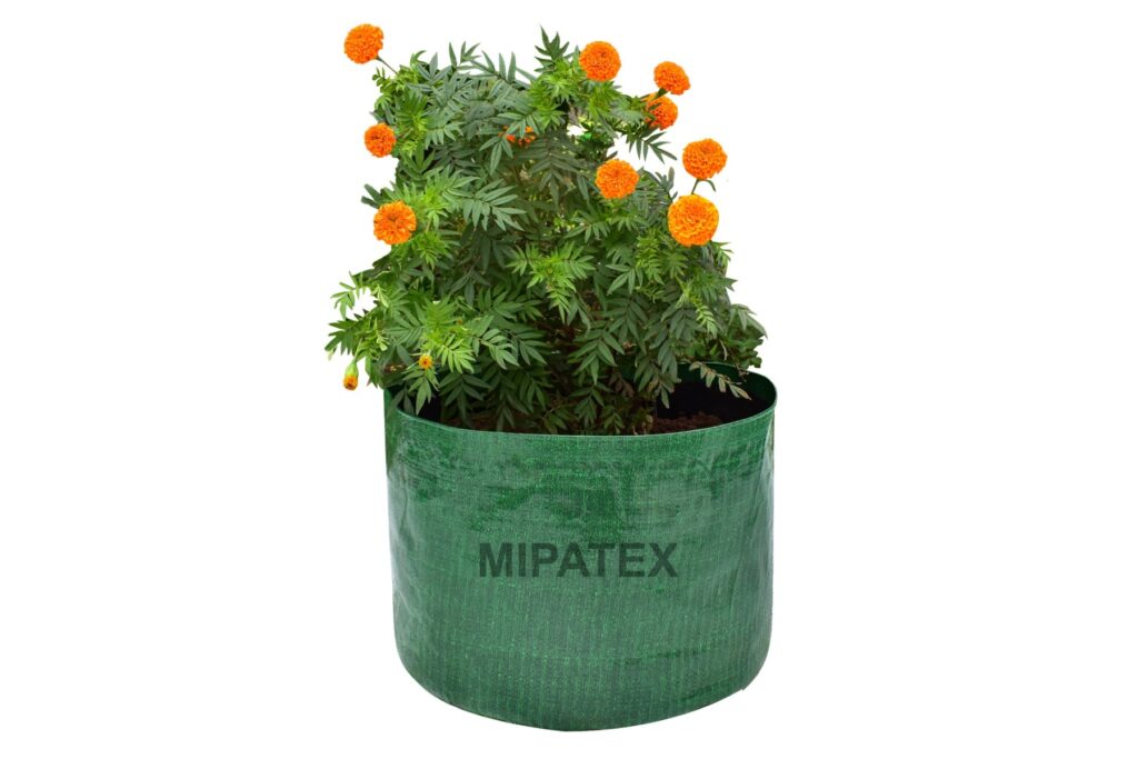 MIPATEX HDPE grow bag with flowering marigold plant for terrace and nursery gardening.