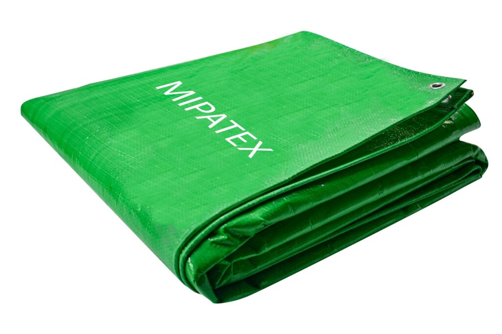 Folded green MIPATEX HDPE tarpaulin sheet with eyelets for multipurpose outdoor protection.
