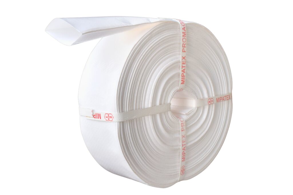 MIPATEX HDPE Woven Lay Flat Hose roll for agricultural irrigation and water delivery.
