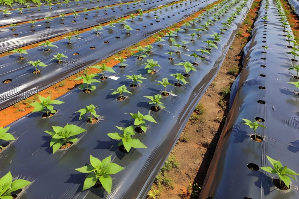 MIPATEX mulch film used for vegetable farming to retain soil moisture and control weeds.